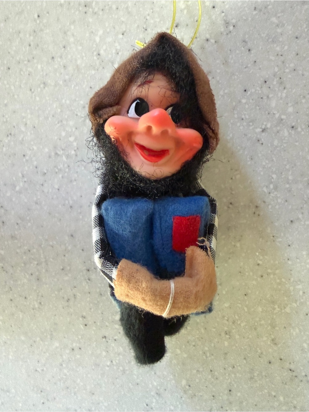 Vintage Christmas 50s 60s Hillbilly Gnome Tree Hugger Ornament. Black Hair. MCM